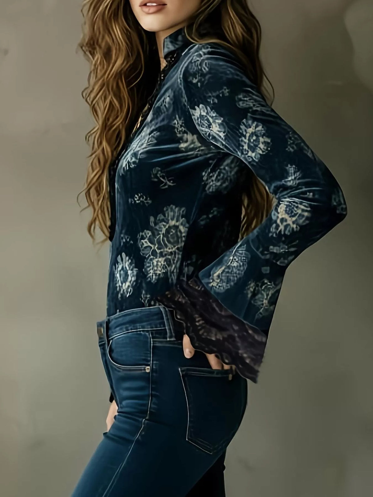Midnight floral blouse with black lace trim and flared sleeves - alternate product view