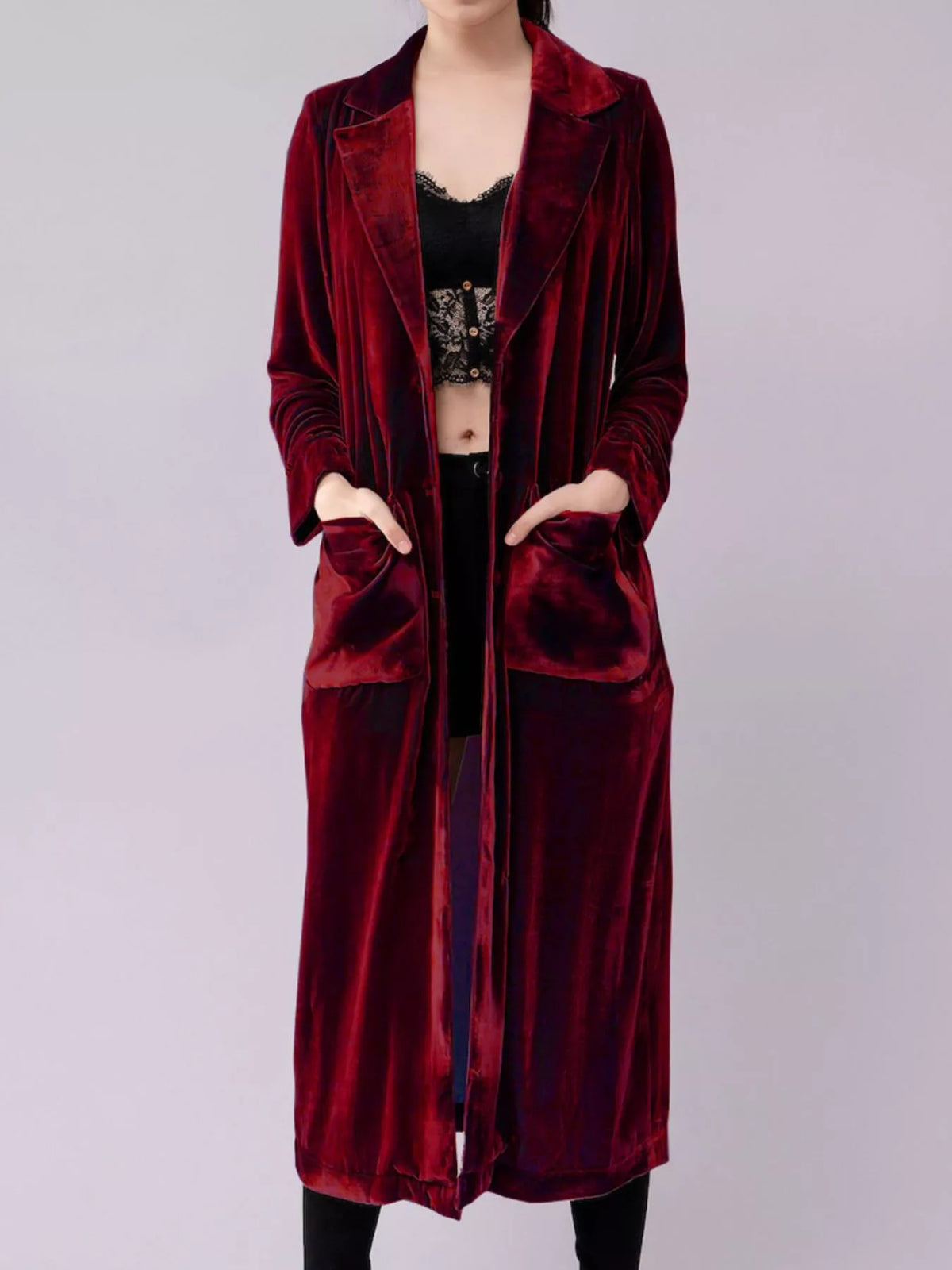 Longline velvet-look coat with lapel collar, buttons, and pockets - alternate product view