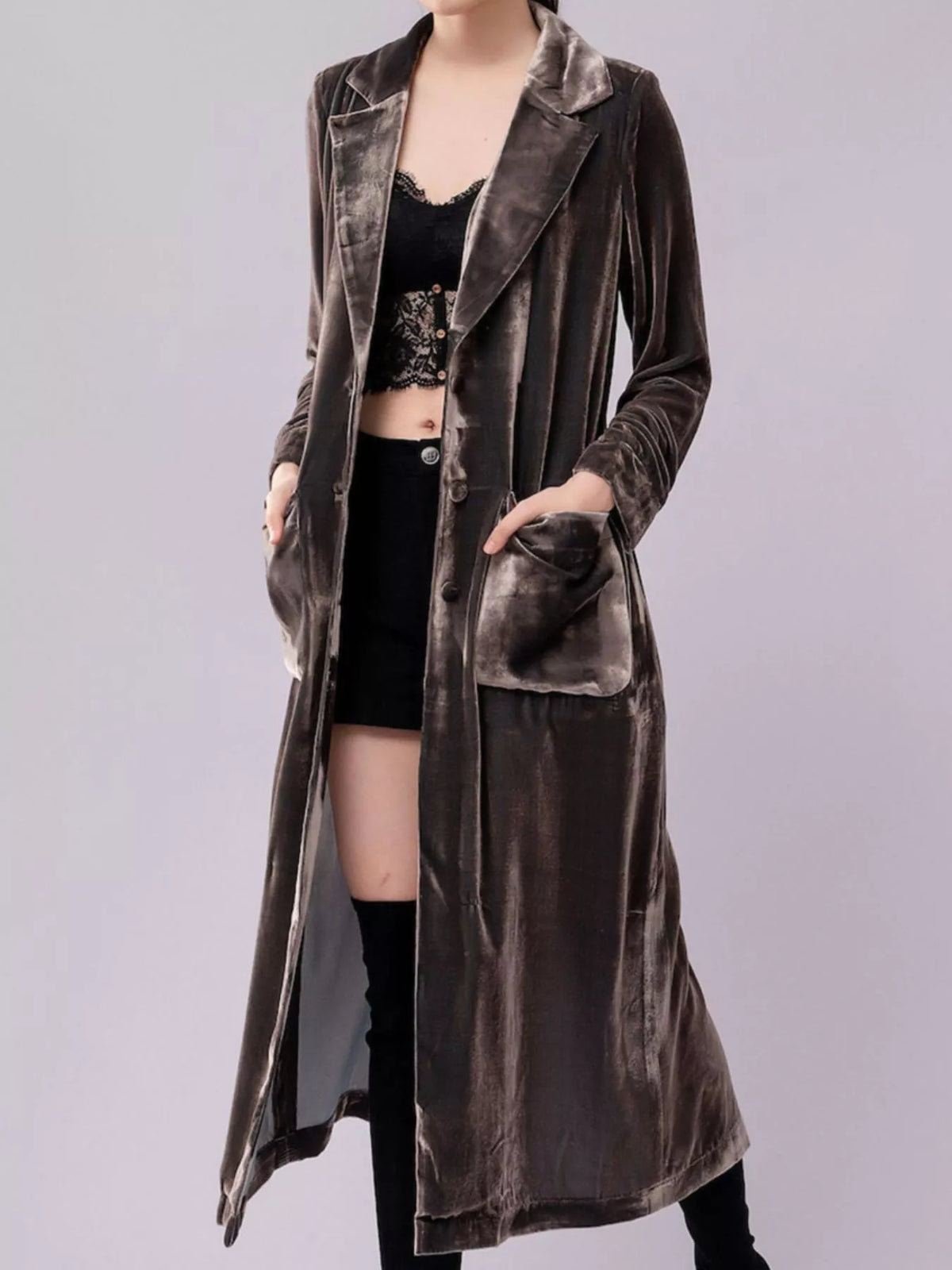 Longline velvet-look coat with lapel collar, buttons, and pockets - alternate product view