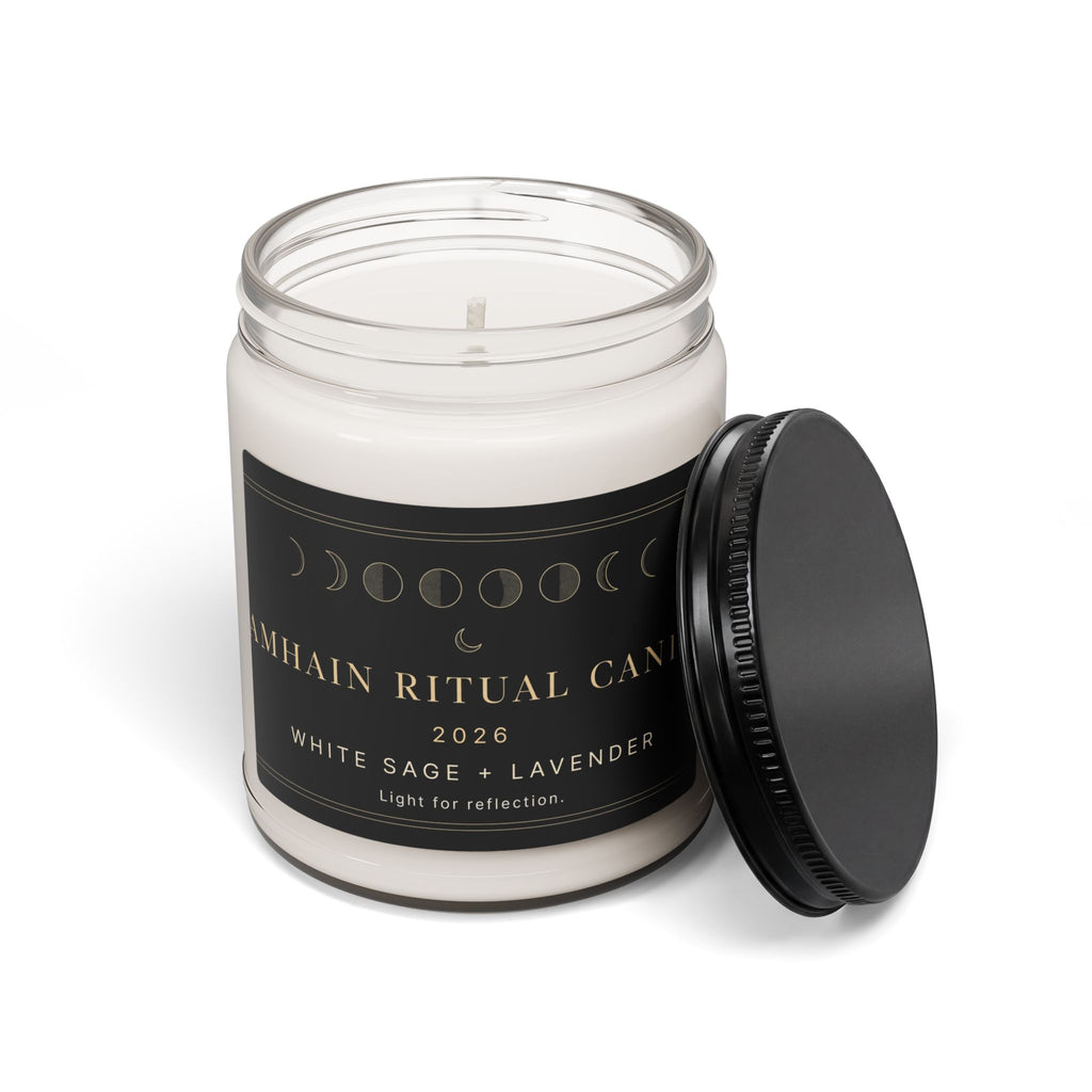 Open White Sage and Lavender Samhain Ritual Candle with black lid beside the clear glass jar