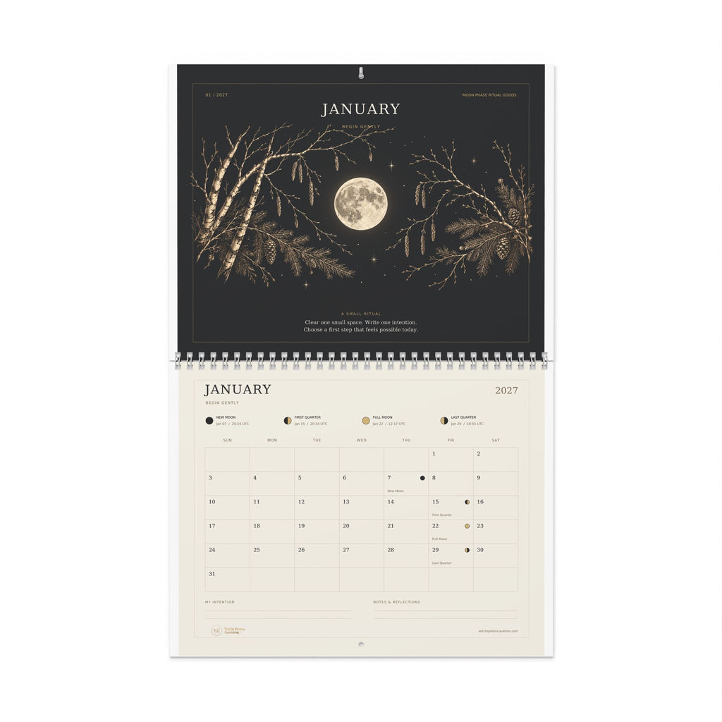 Moon phase wall calendar showing celestial artwork and lunar dates