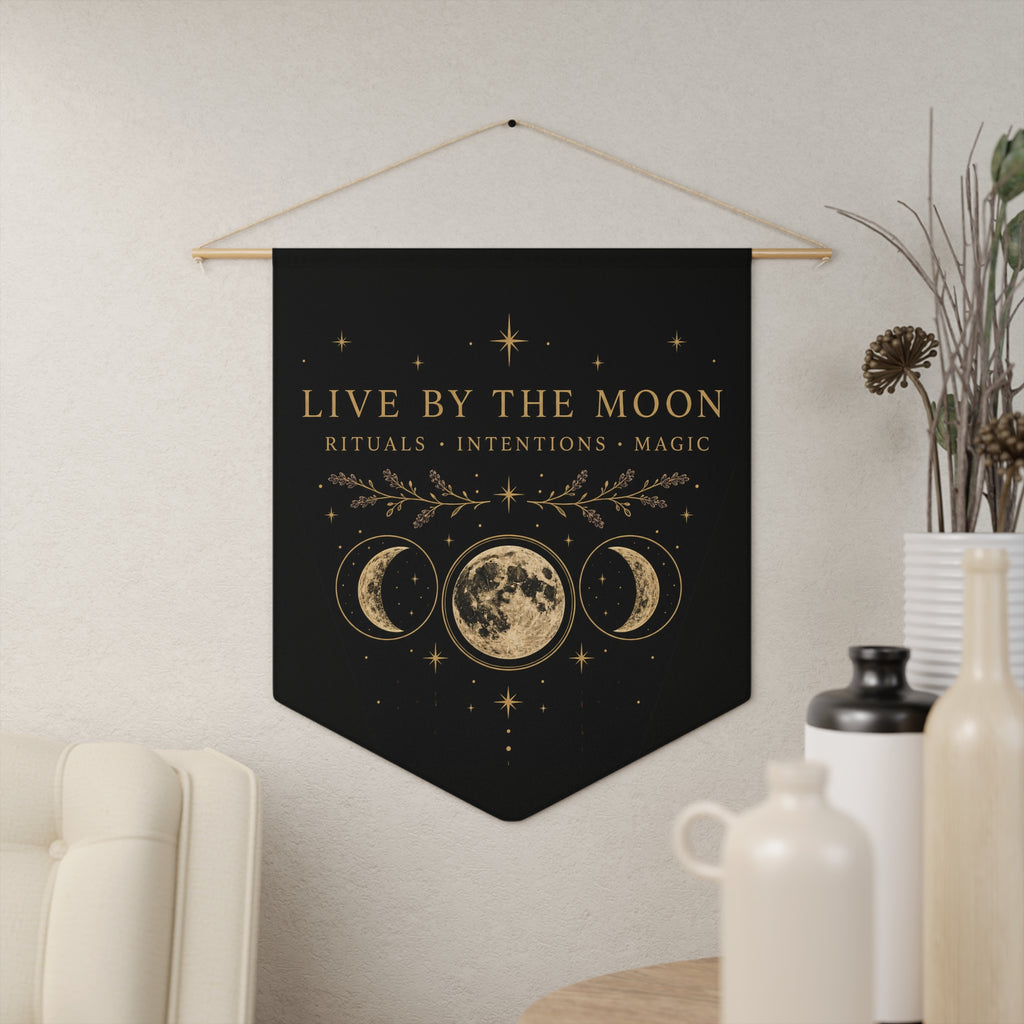 Close view of gold moon phases on the charcoal pennant