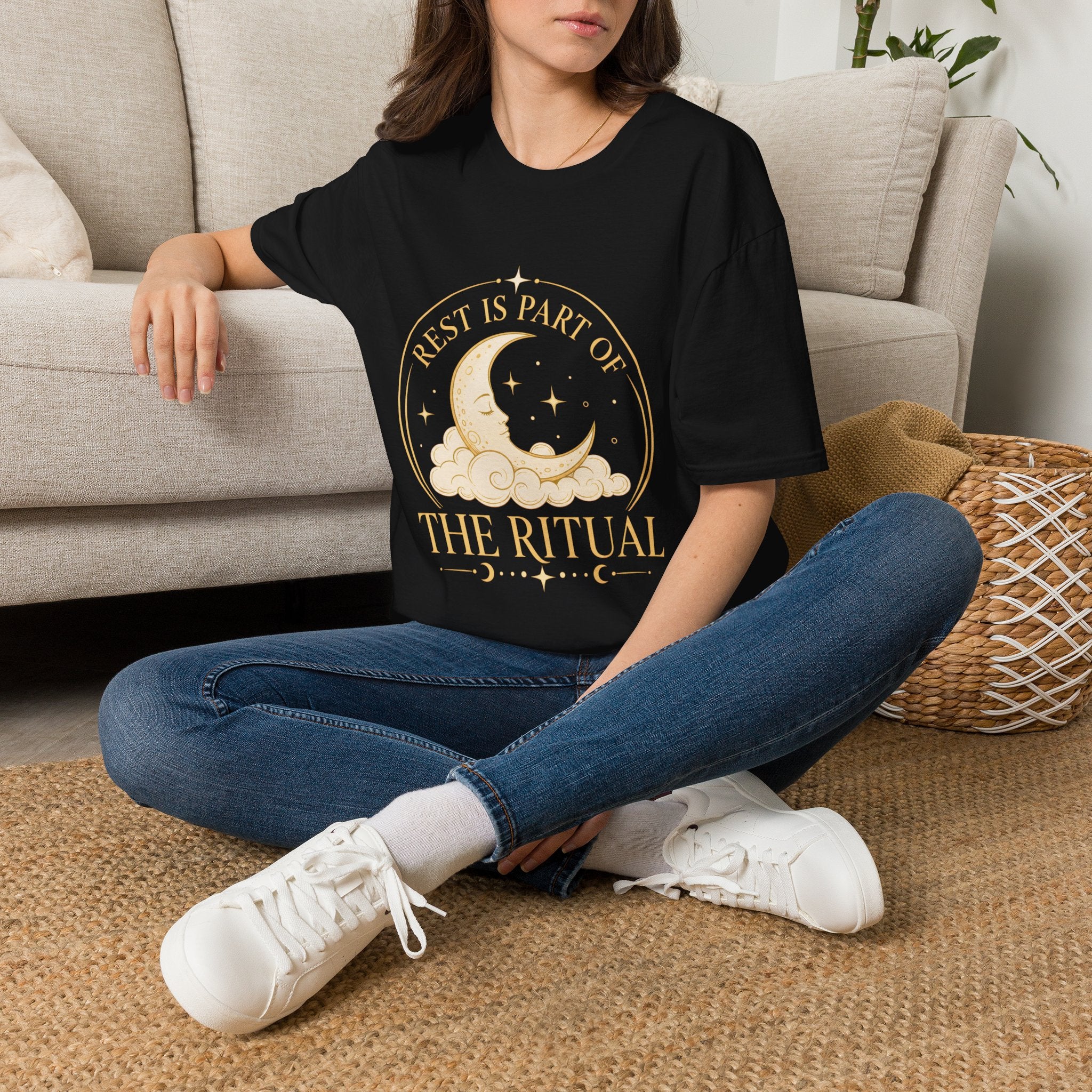 Crescent moon and cloud artwork on the Rest Is Part of the Ritual tee