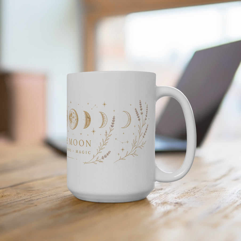 15 oz white ceramic moon phase mug with C-shaped handle