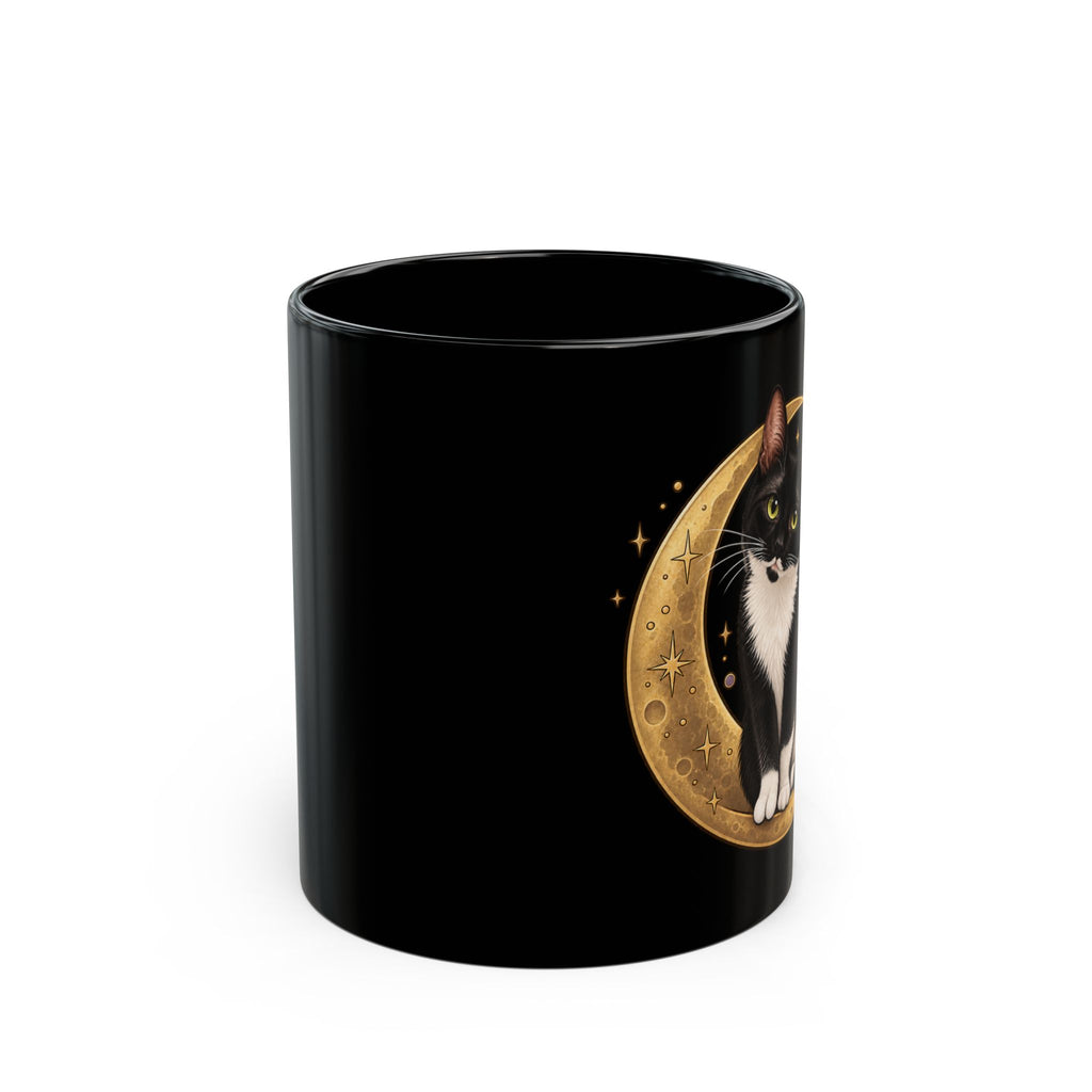 Tivis Crescent Moon Black Mug | Celestial Cat 11 oz Cup