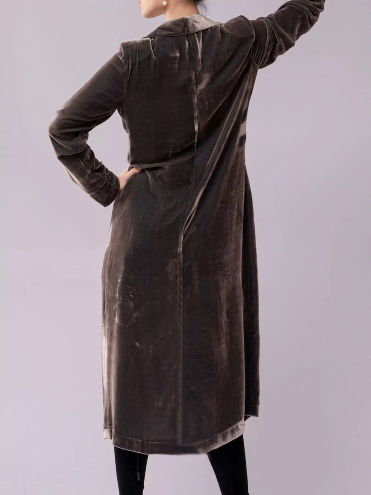 Longline velvet-look coat with lapel collar, buttons, and pockets - alternate product view