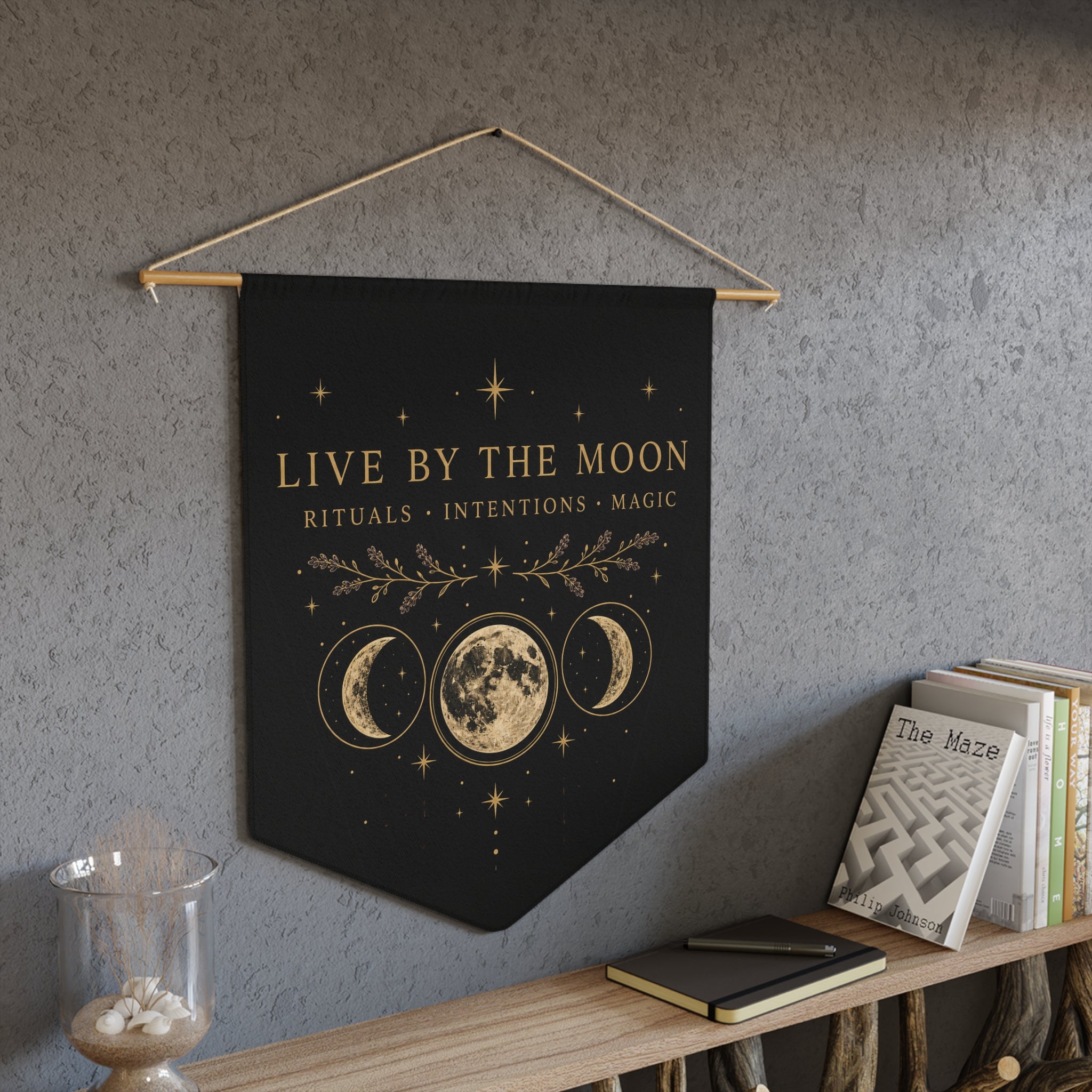 Live by the Moon wall pennant for a ritual or reading space