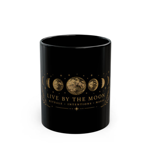 Black Live by the Moon mug with gold moon phase artwork