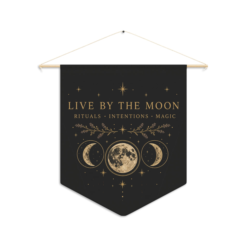 Live by the Moon pennant with gold lunar artwork on charcoal