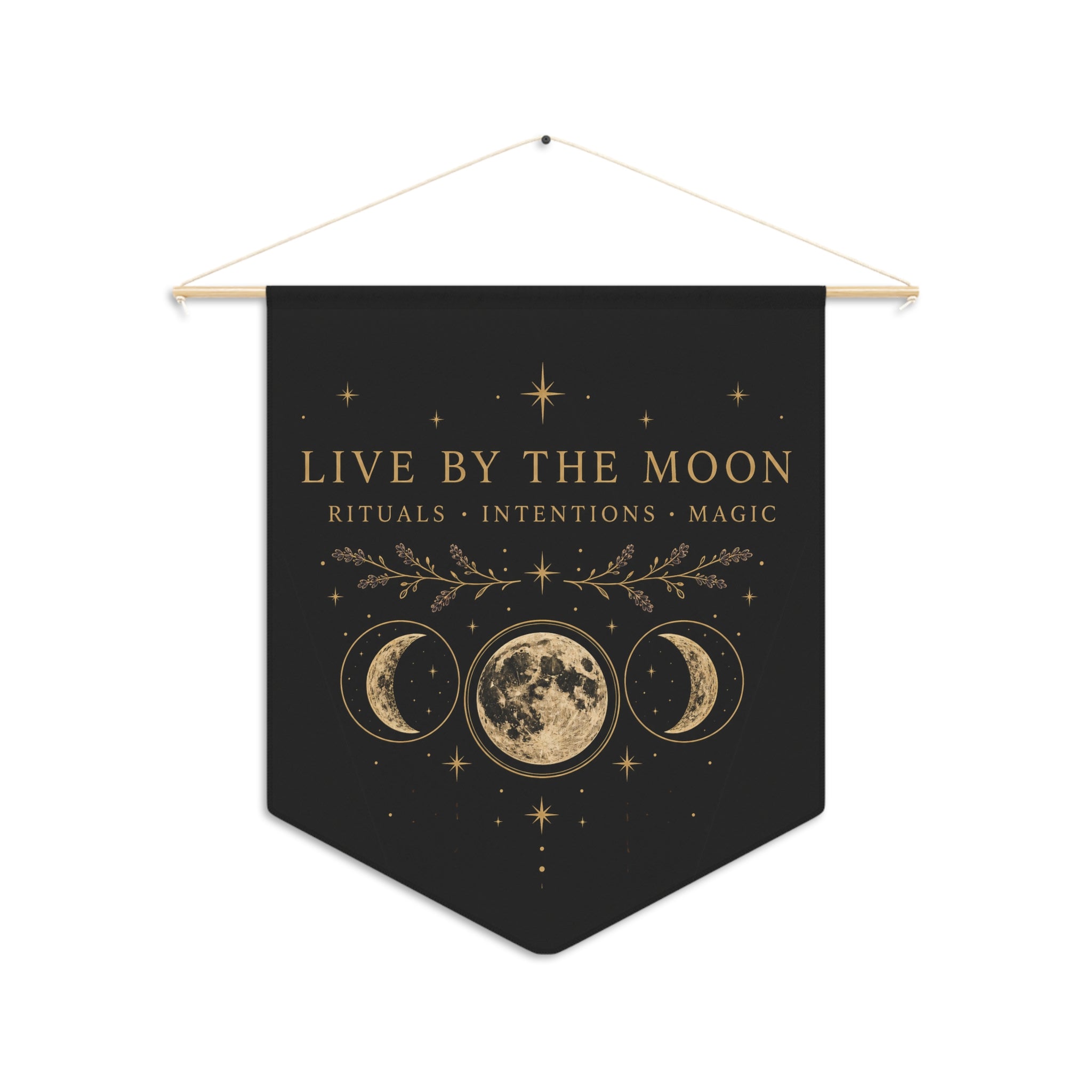 Live by the Moon pennant with gold lunar artwork on charcoal