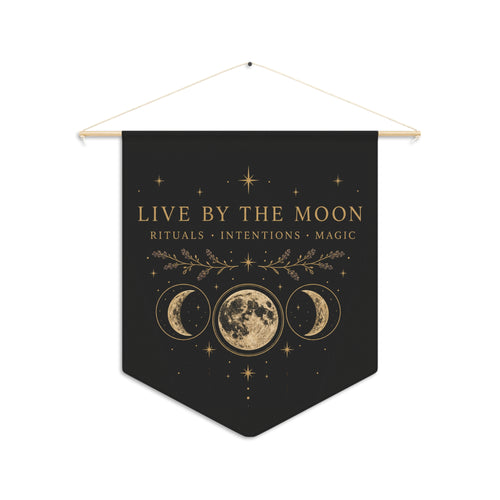 Live by the Moon pennant with gold lunar artwork on charcoal