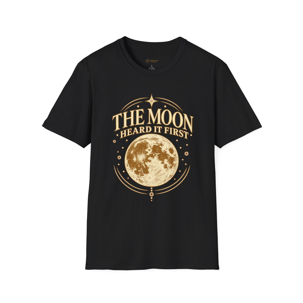 Black full moon graphic T-shirt shown from an alternate angle