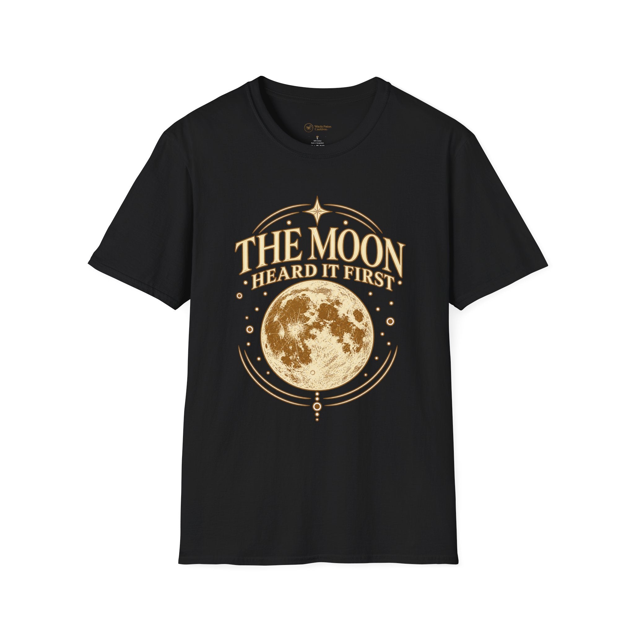Black full moon graphic T-shirt shown from an alternate angle