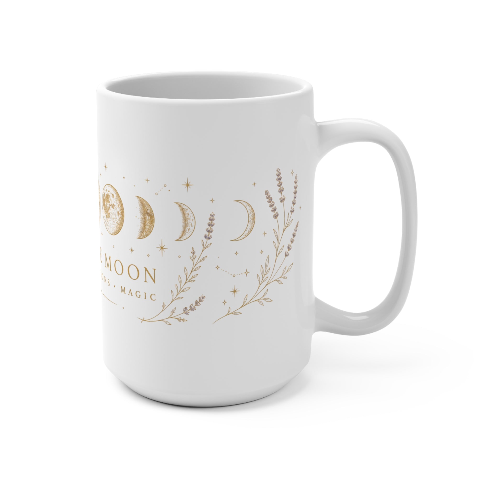 White moon phase coffee mug shown from an alternate angle