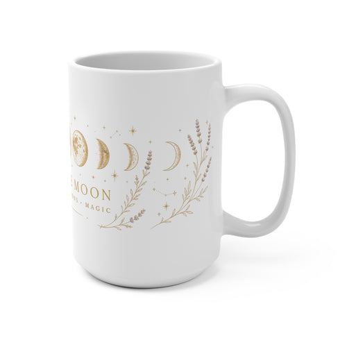 White moon phase coffee mug shown from an alternate angle