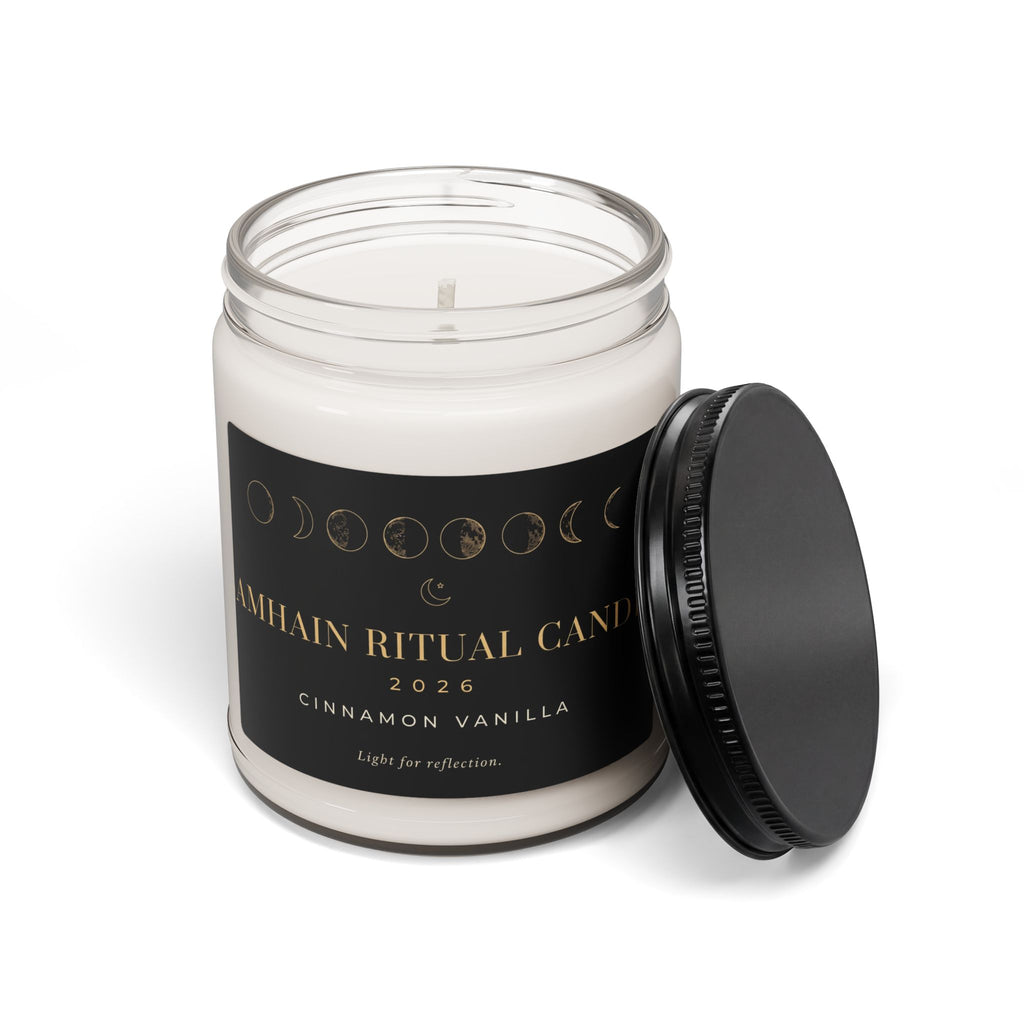 Open Cinnamon Vanilla Samhain Ritual Candle with black lid beside the moon phase glass jar