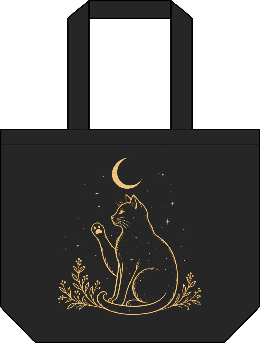 Black Tivis celestial cat shoulder tote with antique-gold crescent moon, stars, raised paw, and botanical artwork