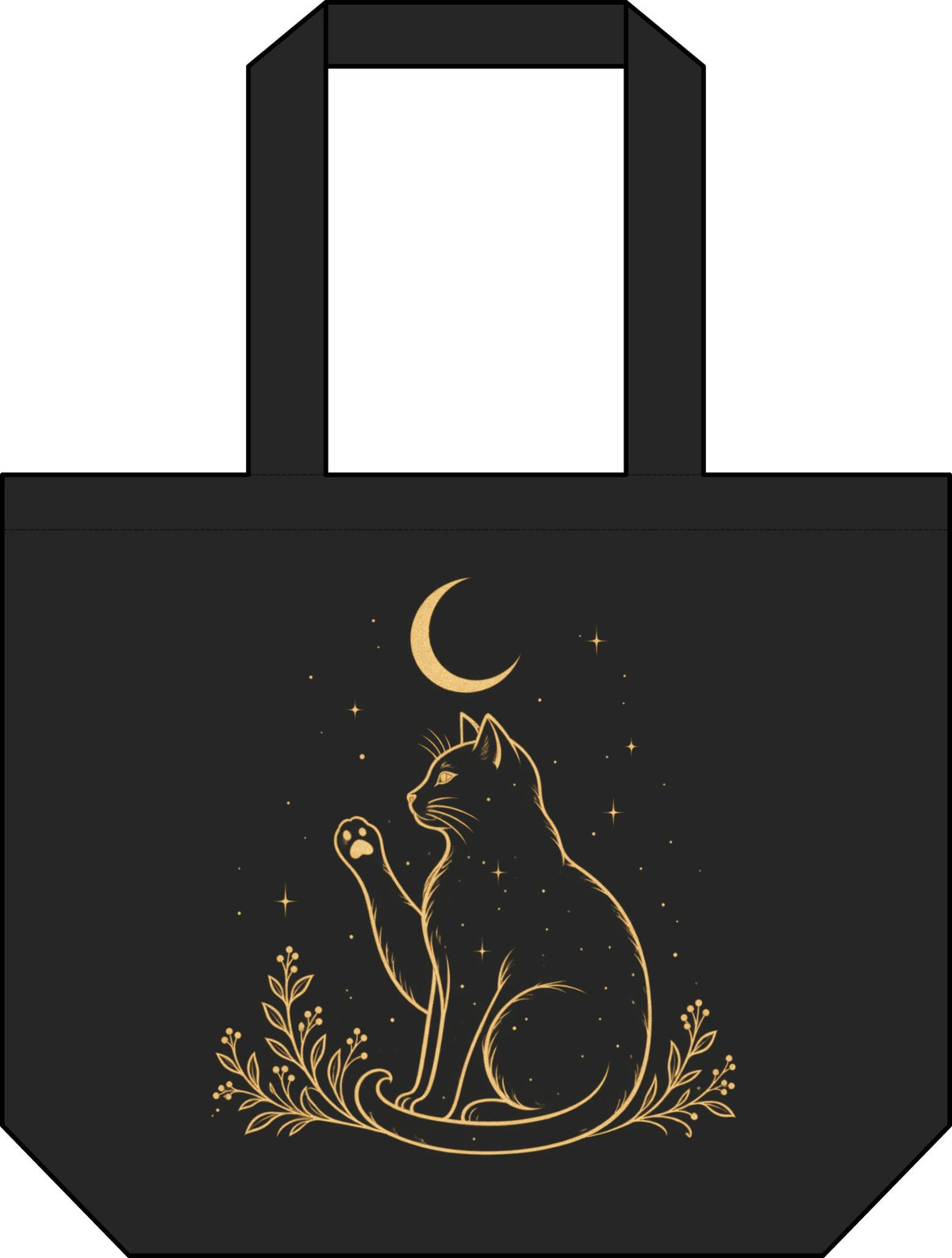 Black Tivis celestial cat shoulder tote with antique-gold crescent moon, stars, raised paw, and botanical artwork