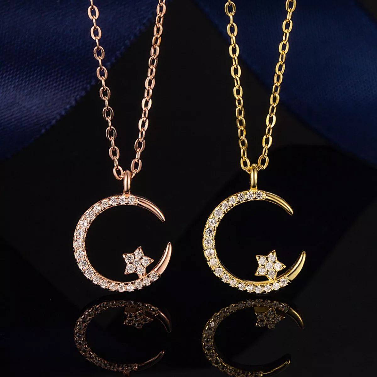 Crescent moon and star pendant necklace with zircon accents