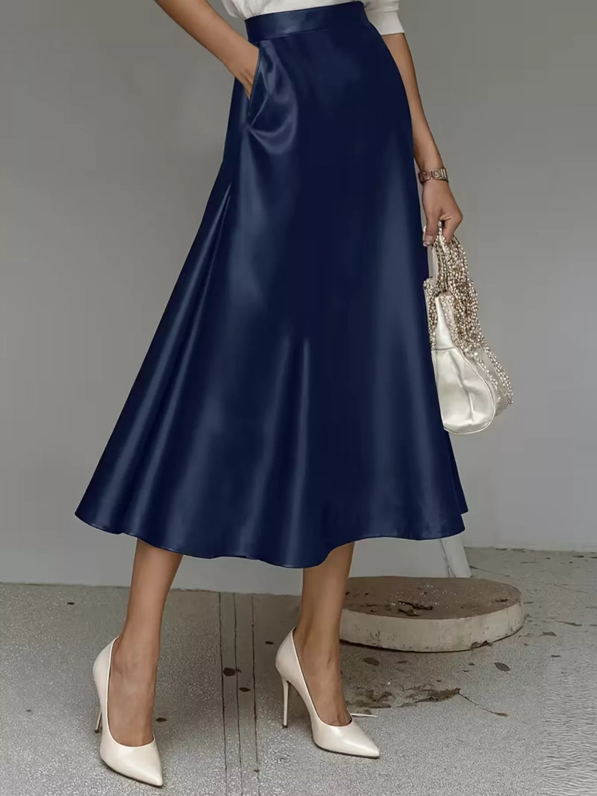 Flowing satin midi skirt with an A-line silhouette and pockets - alternate product view