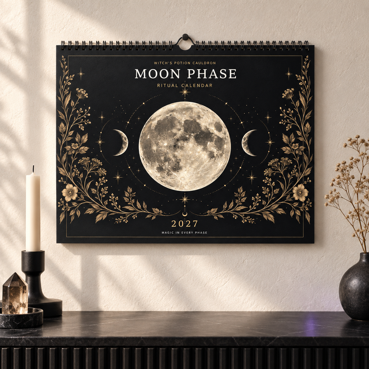 2027 Moon Phase Ritual Calendar cover with botanical lunar artwork