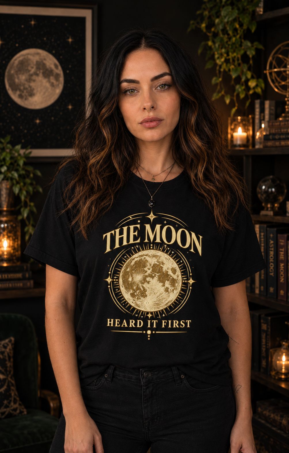 The Moon Heard It First celestial graphic T-shirt in navy