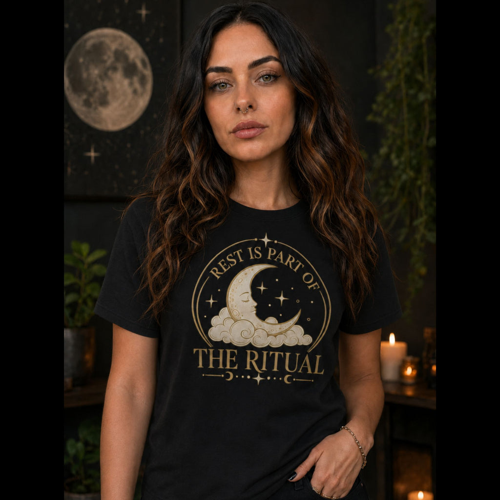 Rest Is Part of the Ritual moon graphic T-shirt in navy
