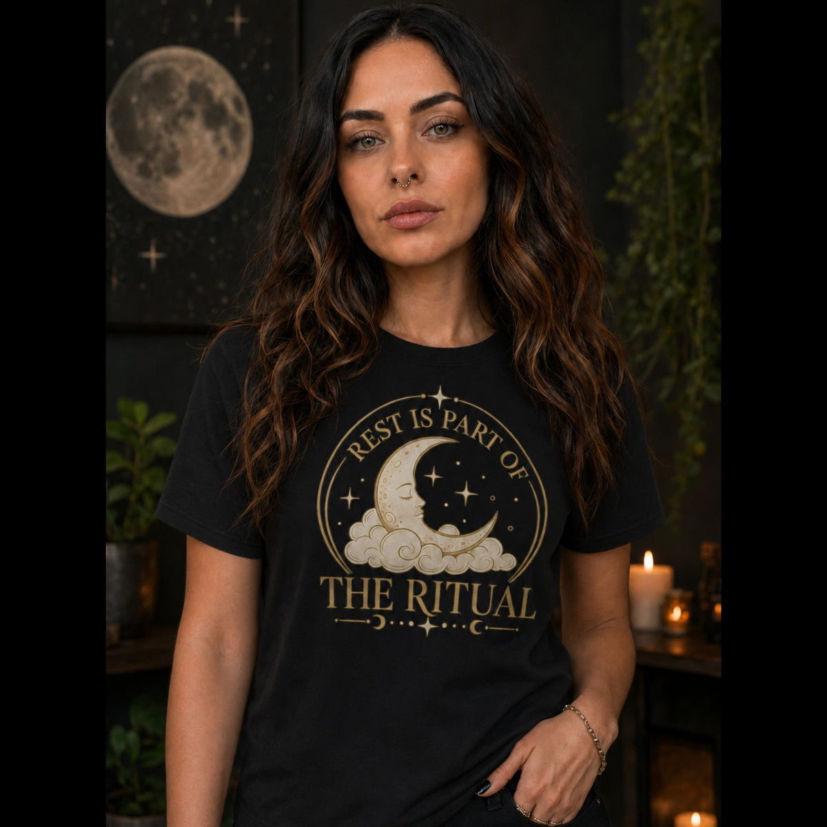 Rest Is Part of the Ritual moon graphic T-shirt in navy
