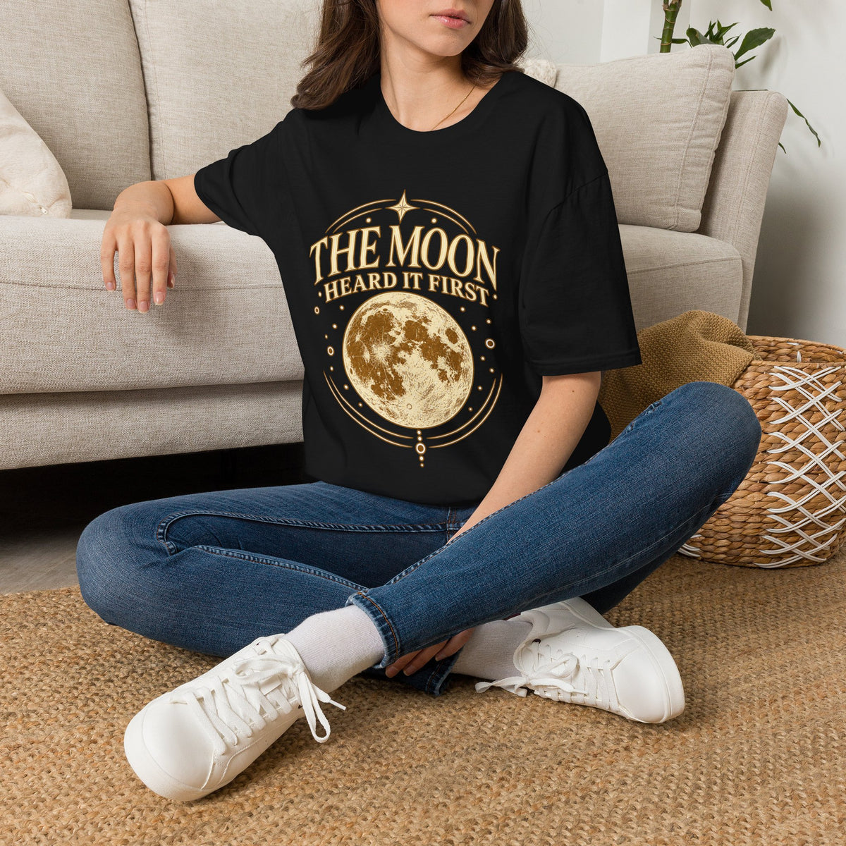Navy full moon graphic T-shirt shown from an alternate angle