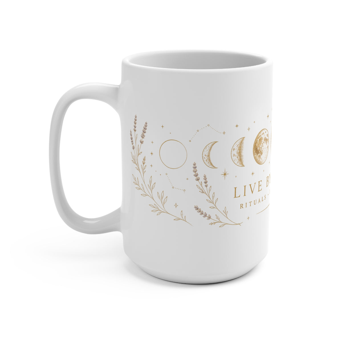 Close view of soft gold celestial artwork on the white mug