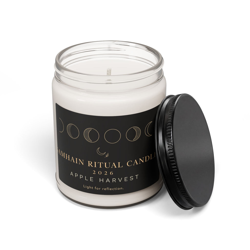 Open Apple Harvest Samhain Ritual Candle with black lid beside the clear glass jar