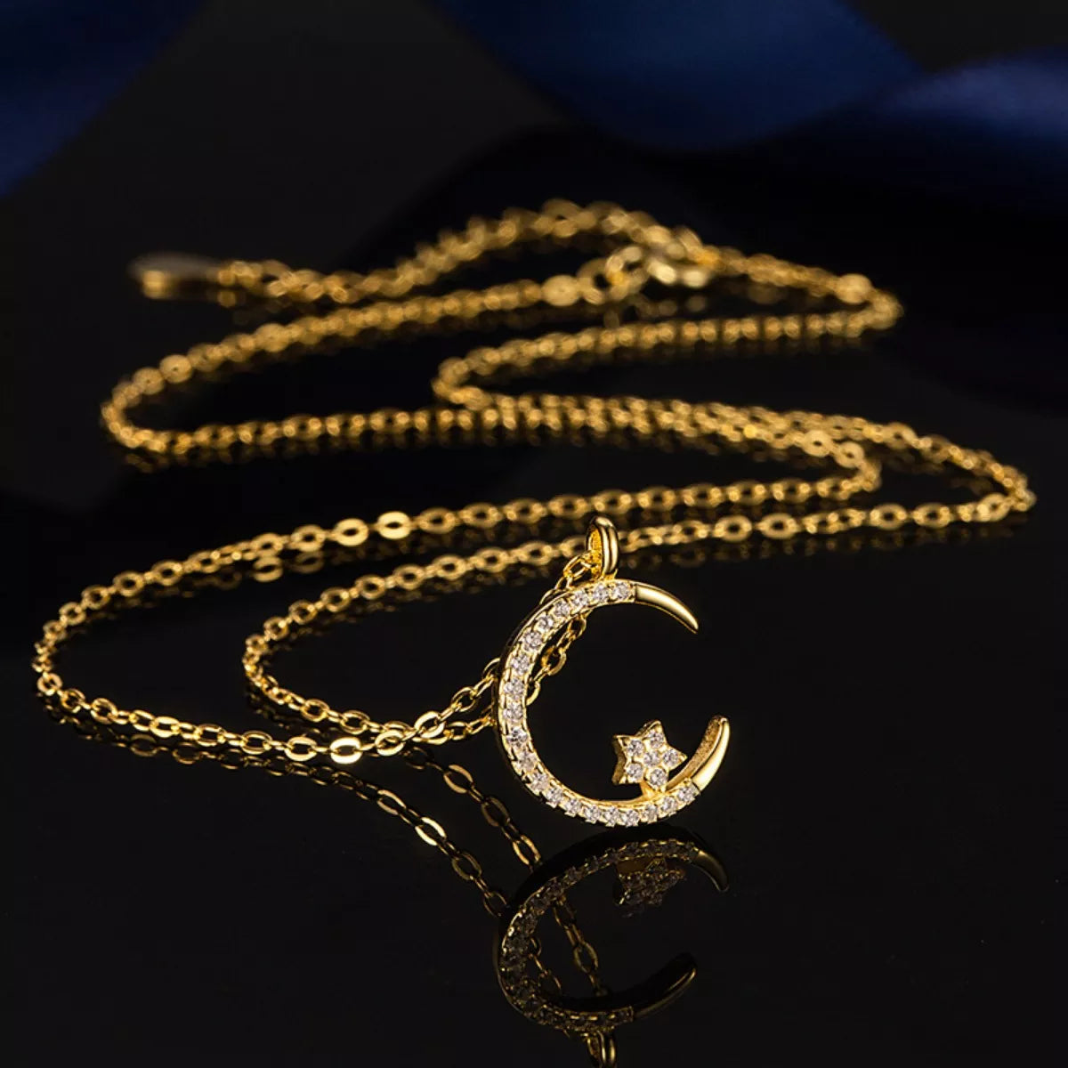 Crescent moon and star pendant necklace with zircon accents - alternate product view