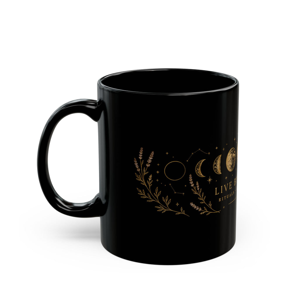 Glossy black celestial mug showing gold botanical details