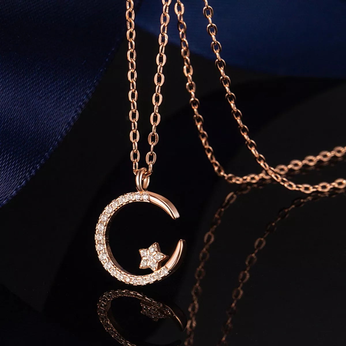 Crescent moon and star pendant necklace with zircon accents - alternate product view