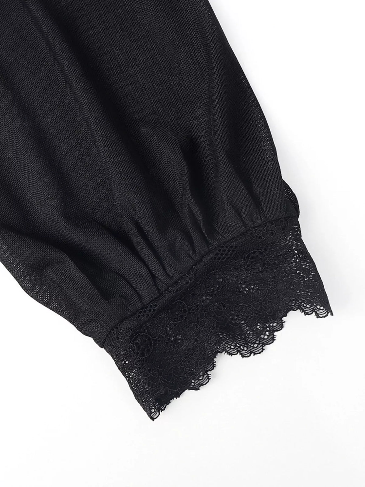 Velvet-look blouse with sheer sleeves, lace trim, and ruffled neckline - alternate product view