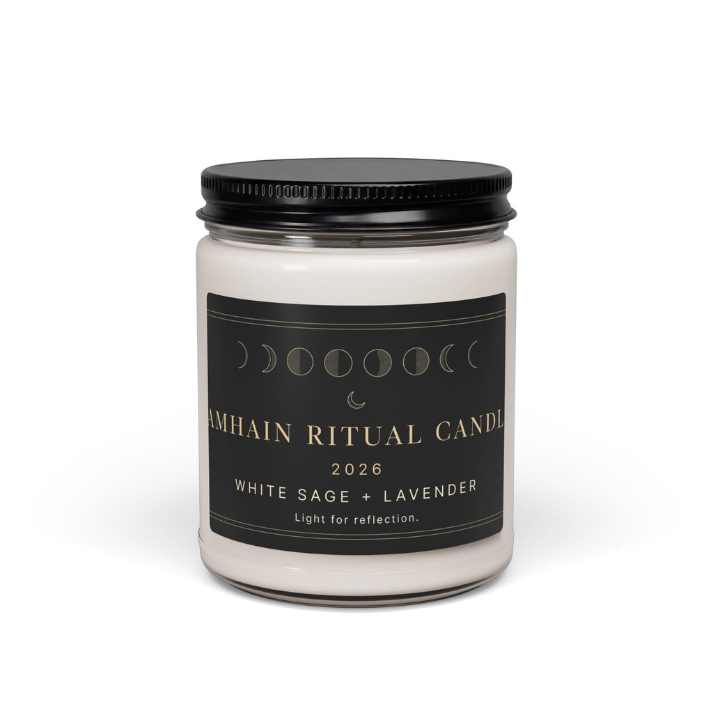 Close-up of White Sage and Lavender Samhain Ritual Candle label with gold moon phase artwork