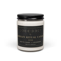 Close-up of White Sage and Lavender Samhain Ritual Candle label with gold moon phase artwork