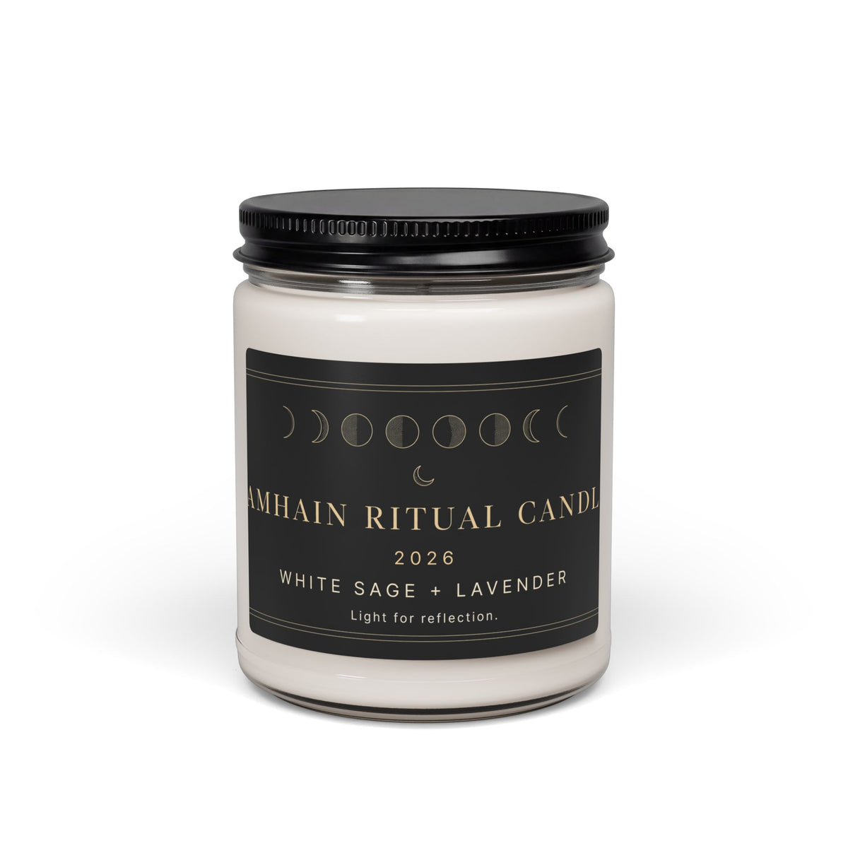 Close-up of White Sage and Lavender Samhain Ritual Candle label with gold moon phase artwork