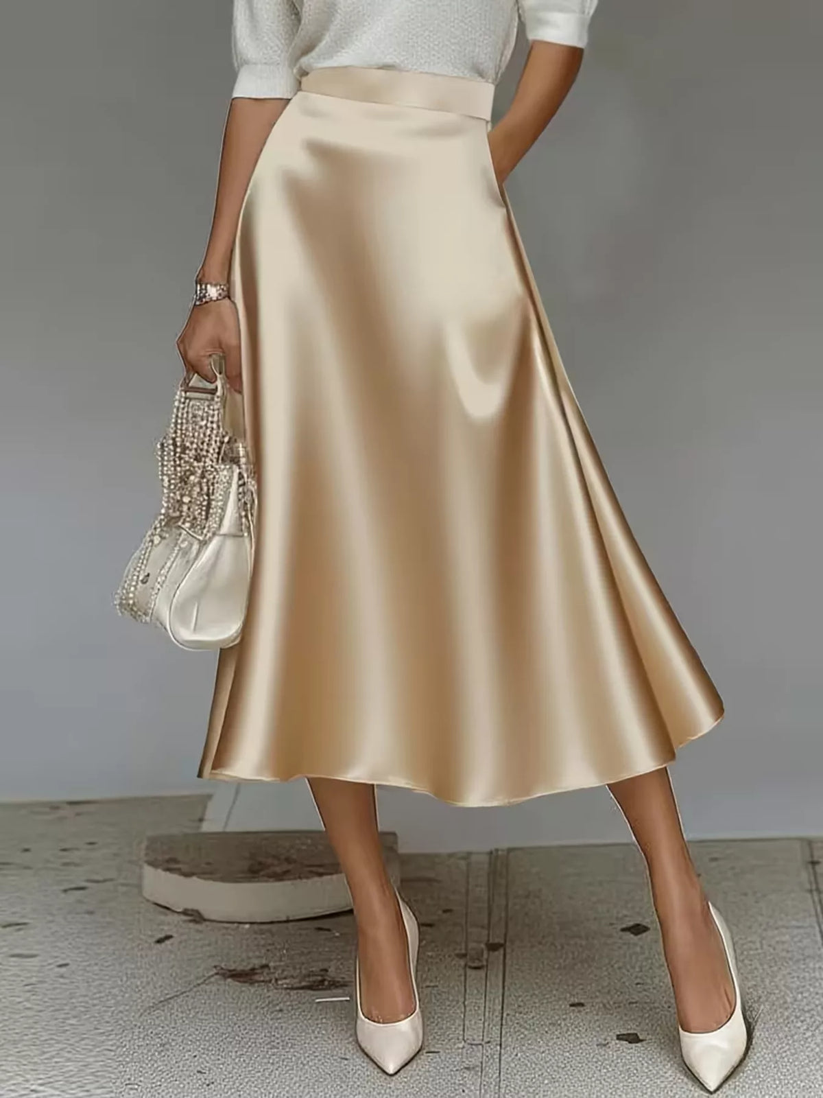 Flowing satin midi skirt with an A-line silhouette and pockets - alternate product view