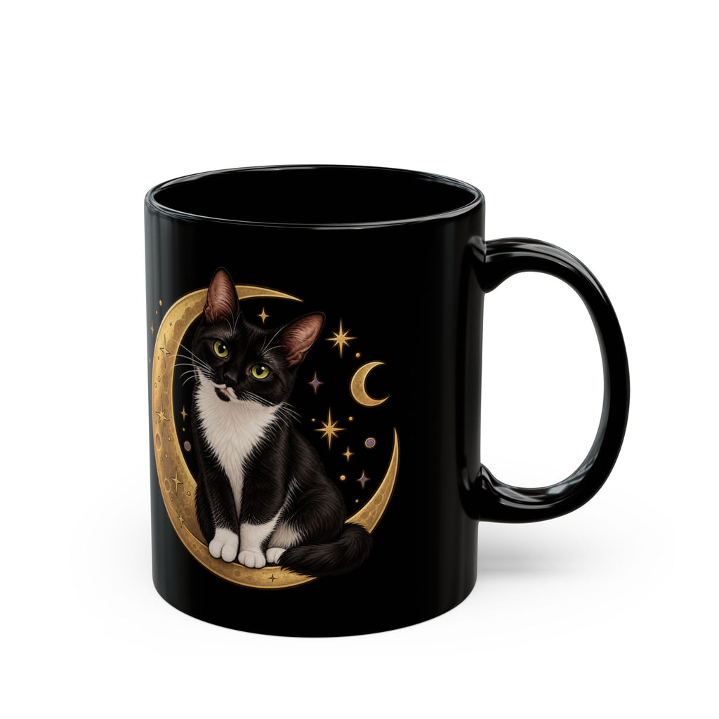Tivis Crescent Moon Black Mug | Celestial Cat 11 oz Cup
