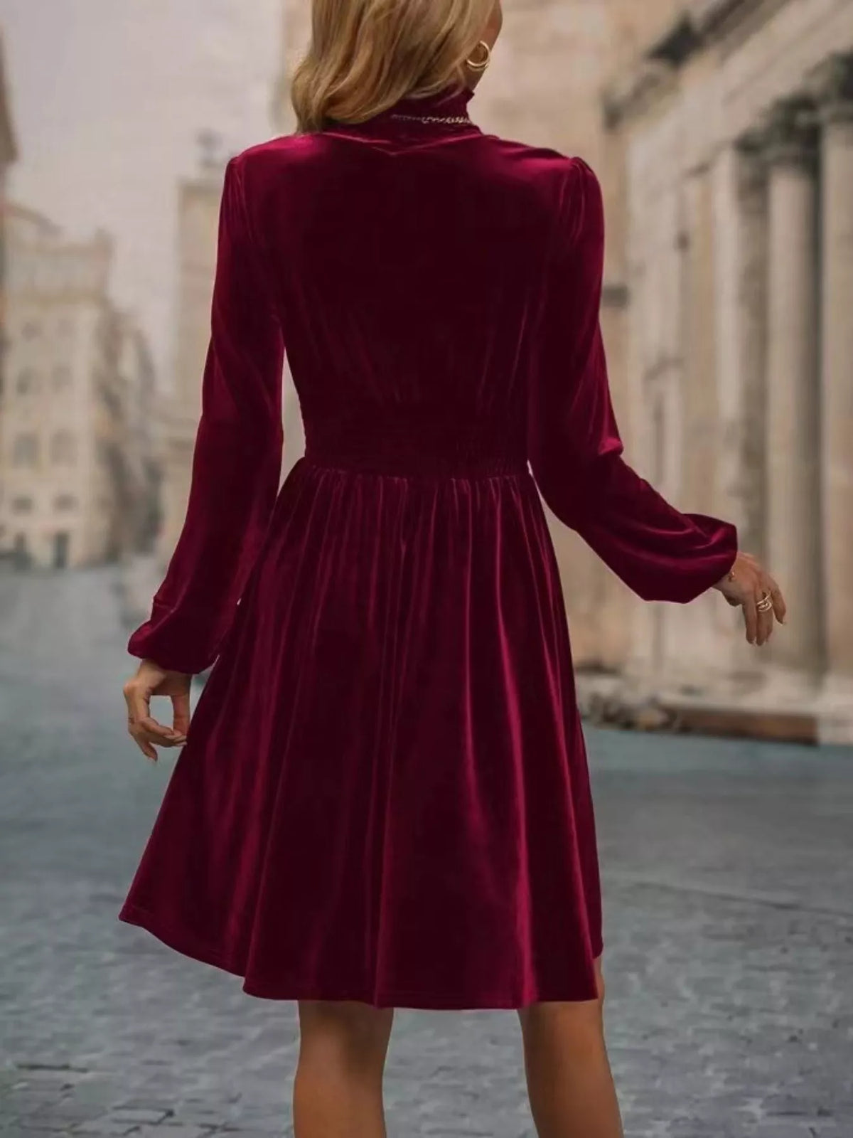Burgundy velvet high-neck dress with long sleeves and A-line skirt - alternate product view