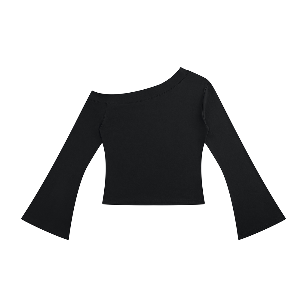 Back view of plain black cropped top with asymmetric off-shoulder neckline and flared bell sleeves