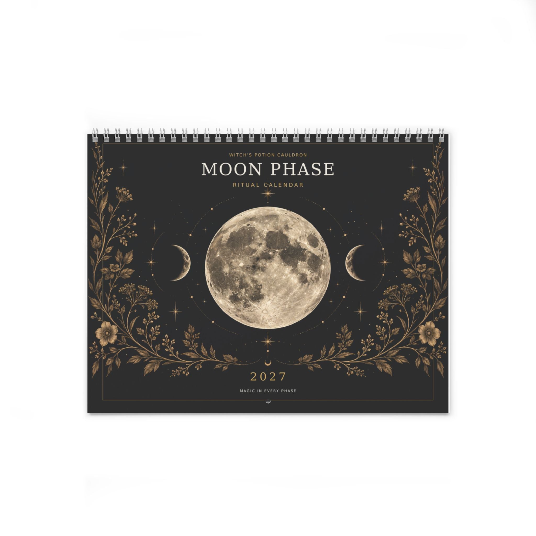 2027 Moon Phase Ritual Calendar open to a spacious monthly grid