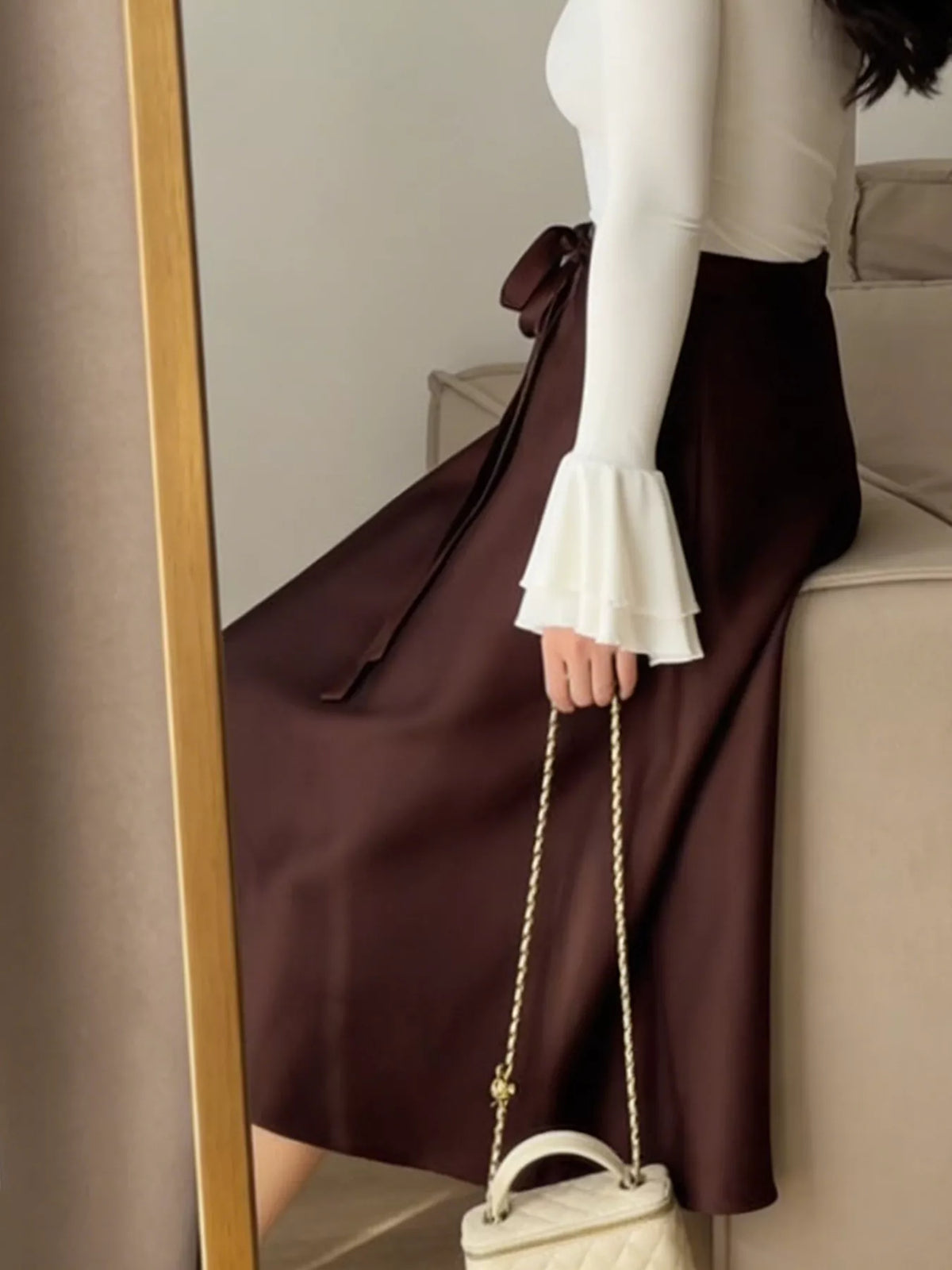Burgundy satin-look midi skirt with a softly tied waist - alternate product view