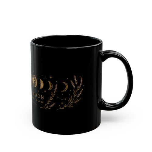 11 oz black moon phase coffee mug shown from an alternate angle