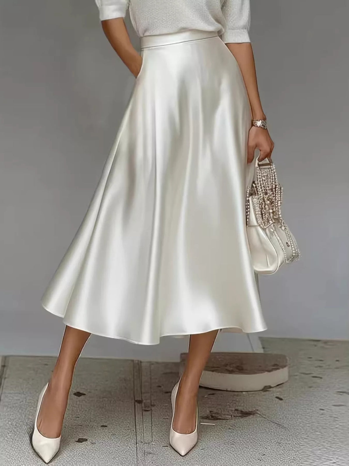 Flowing satin midi skirt with an A-line silhouette and pockets - alternate product view