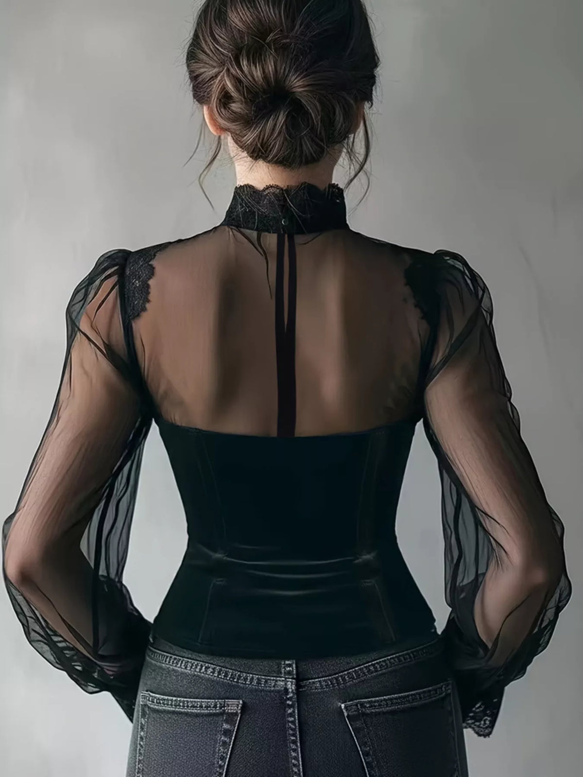 Velvet-look blouse with sheer sleeves, lace trim, and ruffled neckline - alternate product view