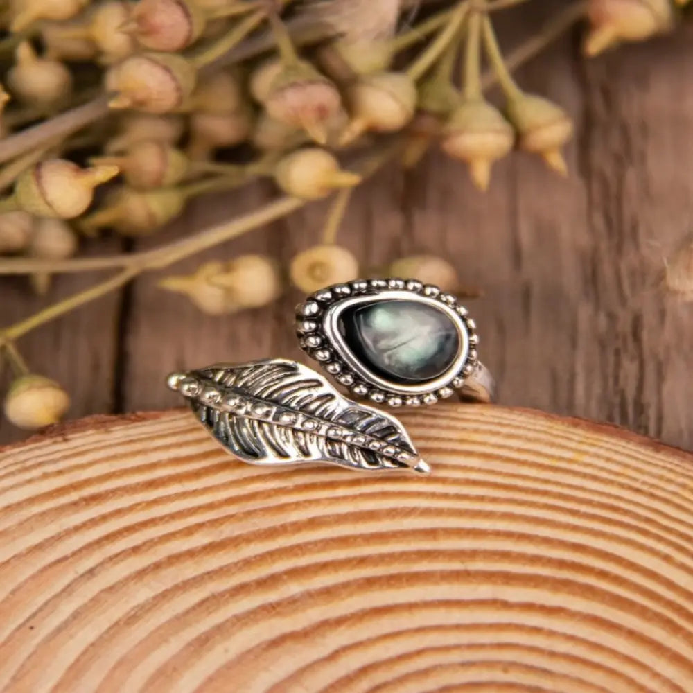 Silver-tone bypass ring with moonstone and sculpted leaf detail - alternate product view