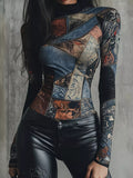 Patchwork-print mock neck top with fitted long sleeves