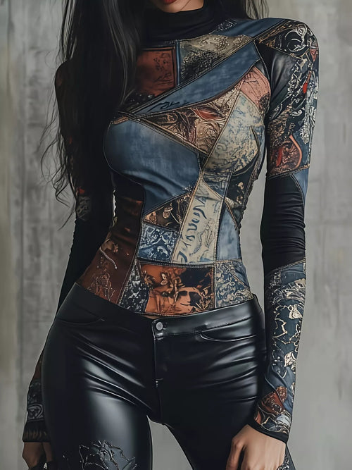 Patchwork-print mock neck top with fitted long sleeves